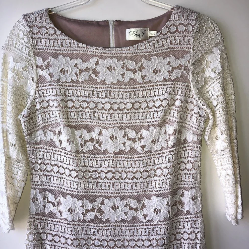Eliza J Cream Lace Overlay 3/4 Sleeve Midi Shift Dress Size 6 - Picture 4 of 8